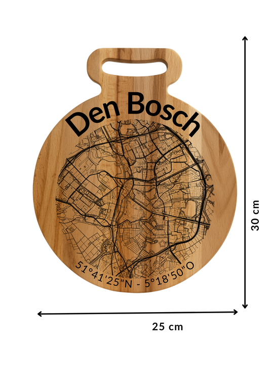 Borrelplank Den Bosch Rond - Serveerplank van Beukenhout met Gravure Stadsplattegrond - Oakman Objects