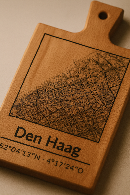 Borrelplank Den Haag - Serveerplank van Beukenhout met Gravure Stadsplattegrond - Oakman Objects