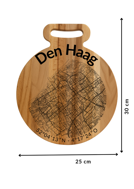 Borrelplank Den Haag Rond - Serveerplank van Beukenhout met Gravure Stadsplattegrond - Oakman Objects