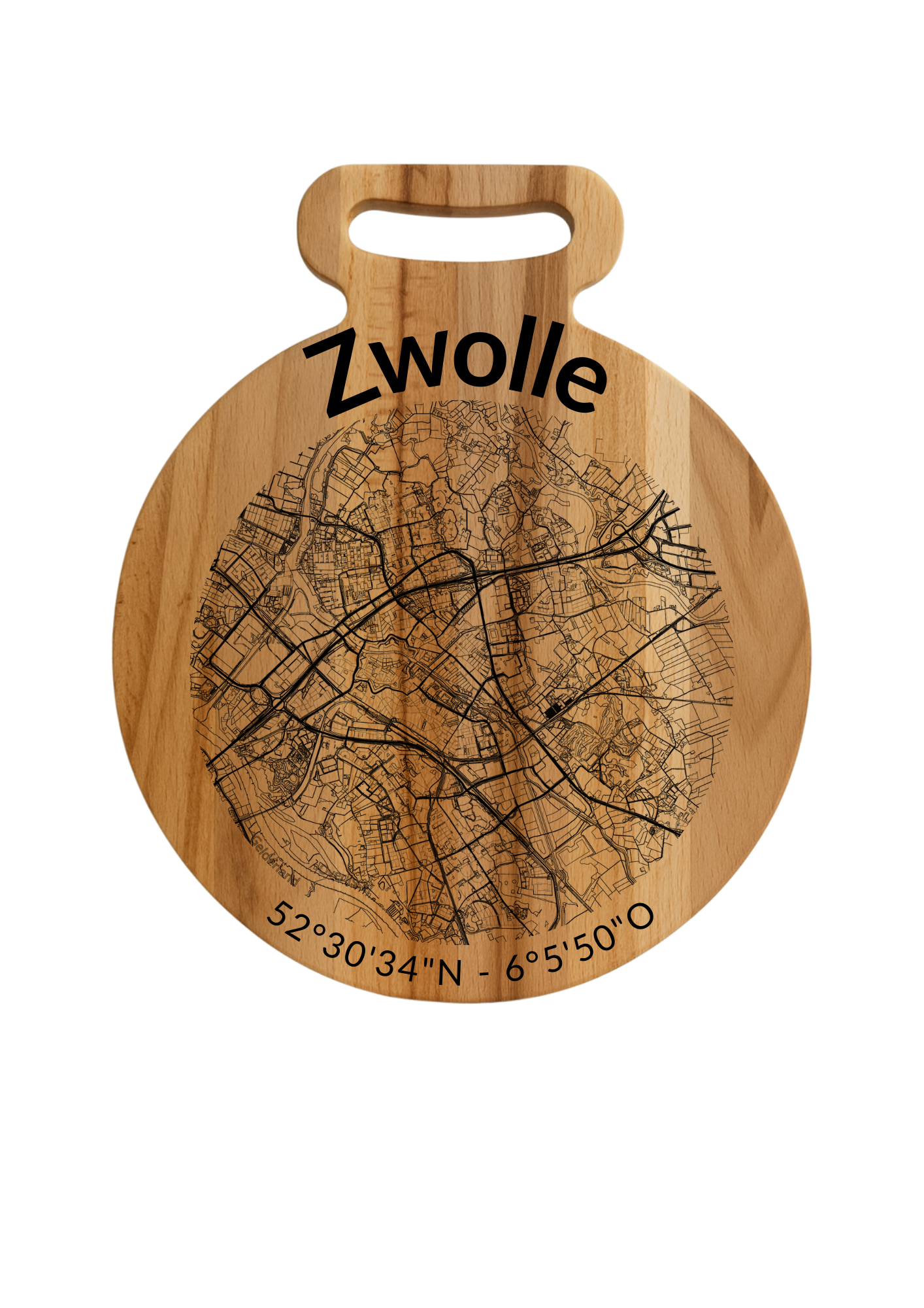 Snijplank Zwolle Rond – Borrelplank van Beukenhout met Gravure Stadsplattegrond – Oakman Objects