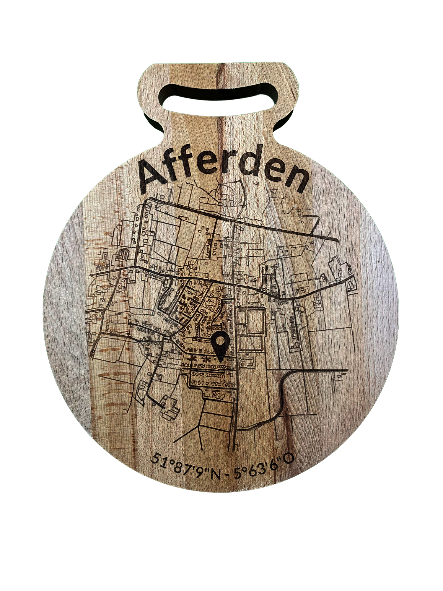 Afferden Houten borrelplank met gegraveerde stadsplattegrond – gepersonaliseerd cadeau voor stadsliefhebbers en als decoratief item voor de keuken.