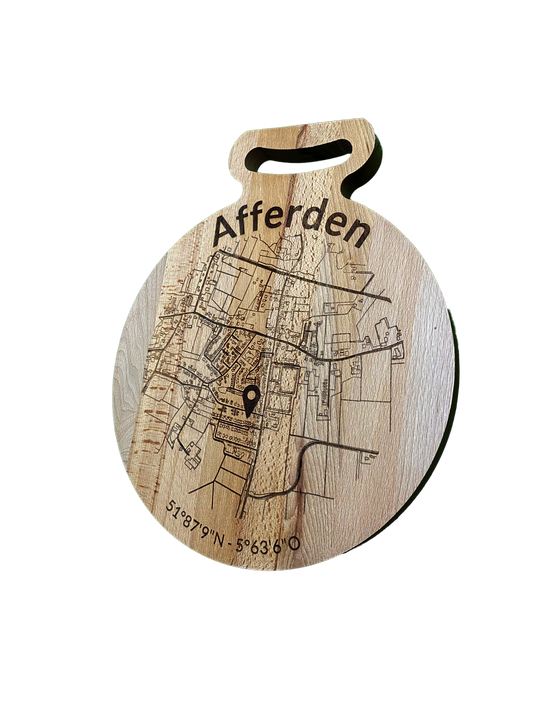Snijplank Rond – Borrelplank van Beukenhout met Gravure Stadsplattegrond – Oakman Objects