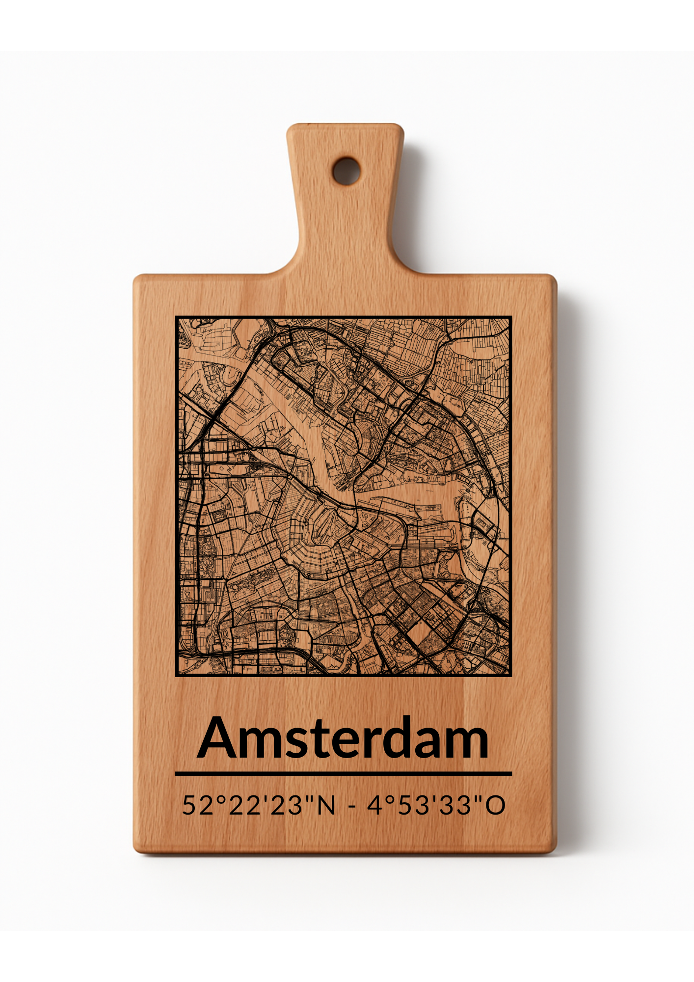 Snijplank Amsterdam – Borrelplank van Beukenhout met Gravure Stadsplattegrond – Oakman Objects