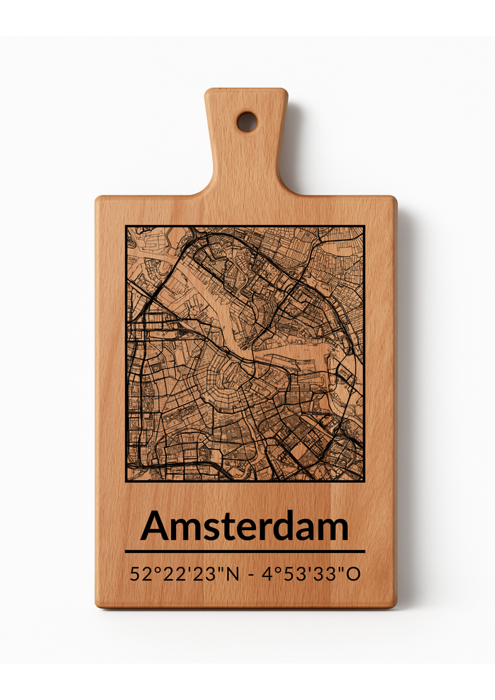 Borrelplank Amsterdam met stadsgravure - Gepersonaliseerd Cadeau - Serveerplank Rechthoek