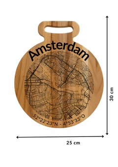 Ronde borrelplank Amsterdam met stadsgravure | Gepersonaliseerd cadeau