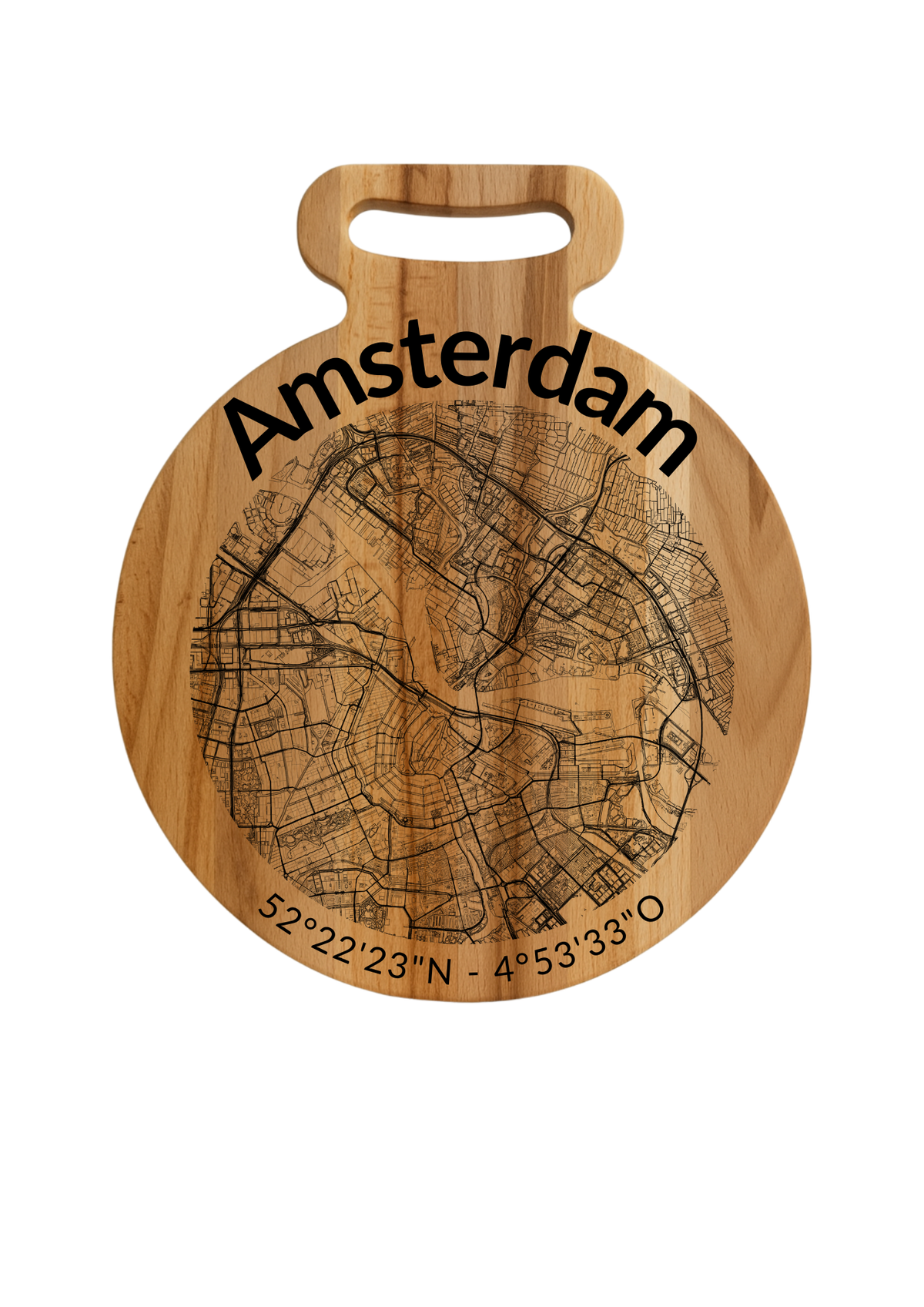 Ronde borrelplank Amsterdam met stadsgravure | Gepersonaliseerd cadeau