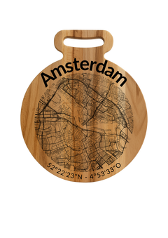 Ronde borrelplank Amsterdam met stadsgravure | Gepersonaliseerd cadeau