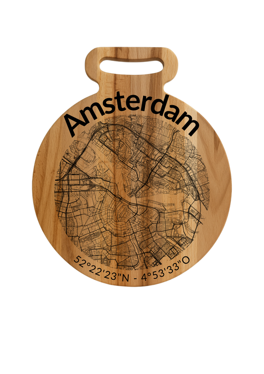 Snijplank Amsterdam Rond – Borrelplank van Beukenhout met Gravure Stadsplattegrond – Oakman Objects