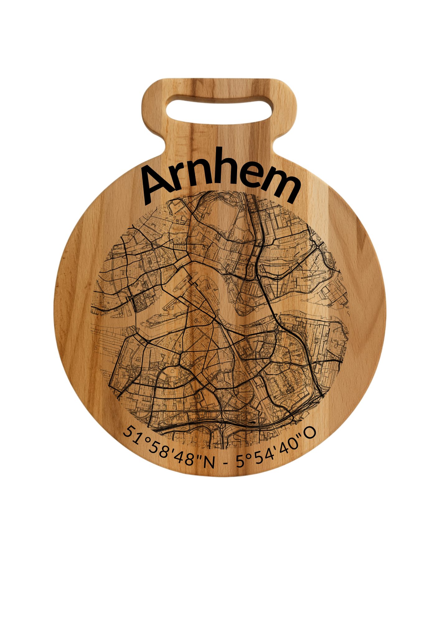 Snijplank Arnhem Rond – Borrelplank van Beukenhout met Gravure Stadsplattegrond – Oakman Objects