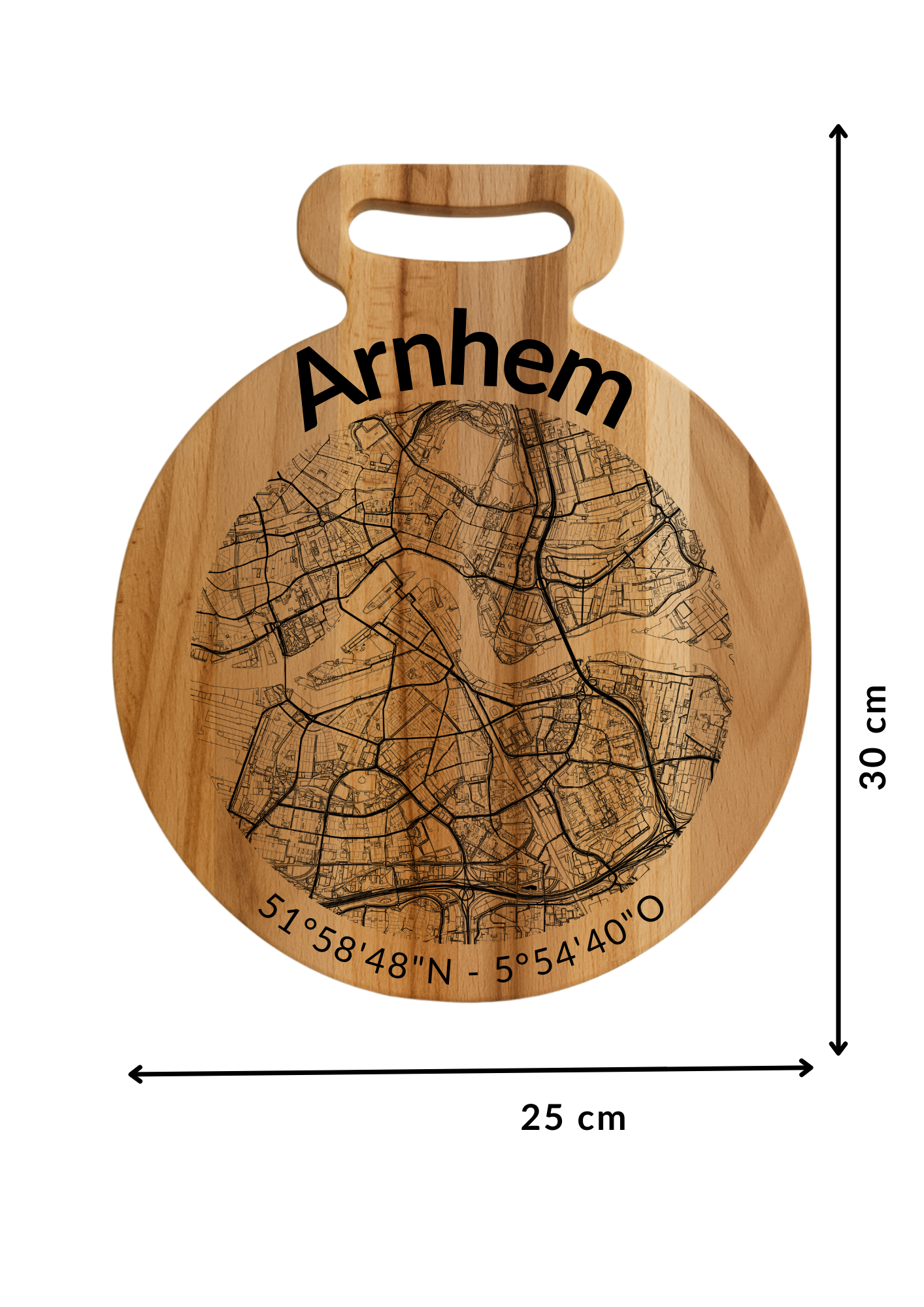 Snijplank Arnhem Rond – Borrelplank van Beukenhout met Gravure Stadsplattegrond – Oakman Objects