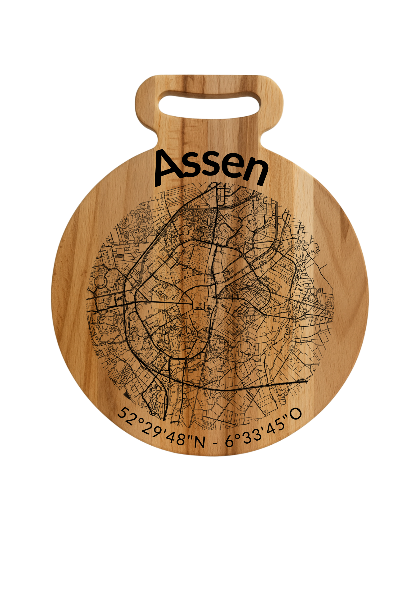 Snijplank Assen Rond – Borrelplank van Beukenhout met Gravure Stadsplattegrond – Oakman Objects