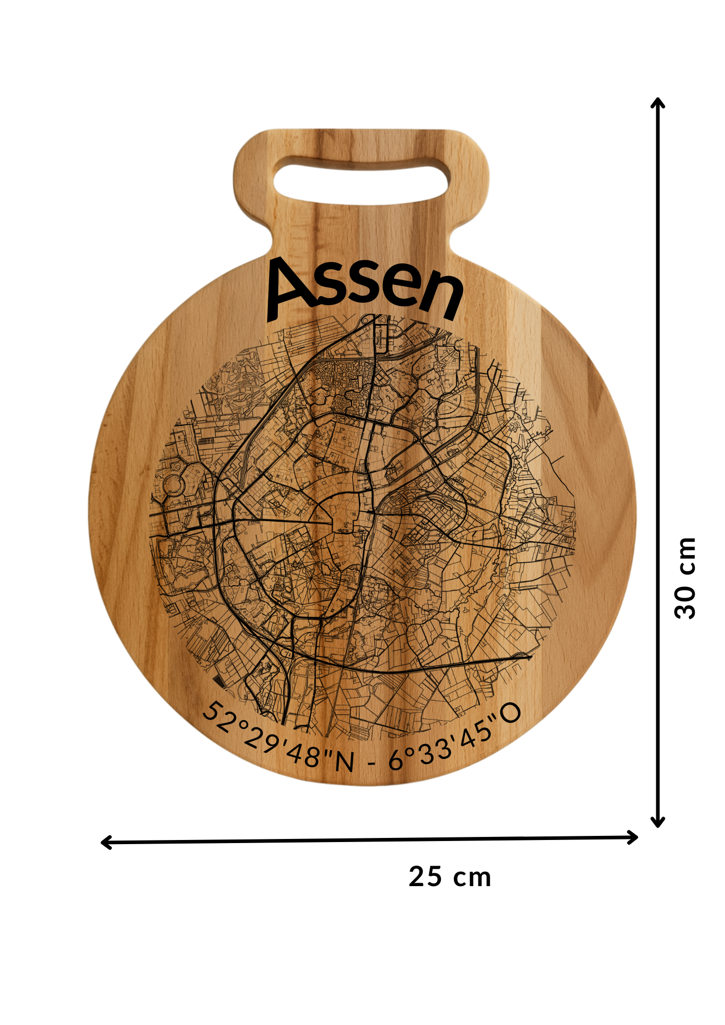 Snijplank Assen Rond – Borrelplank van Beukenhout met Gravure Stadsplattegrond – Oakman Objects