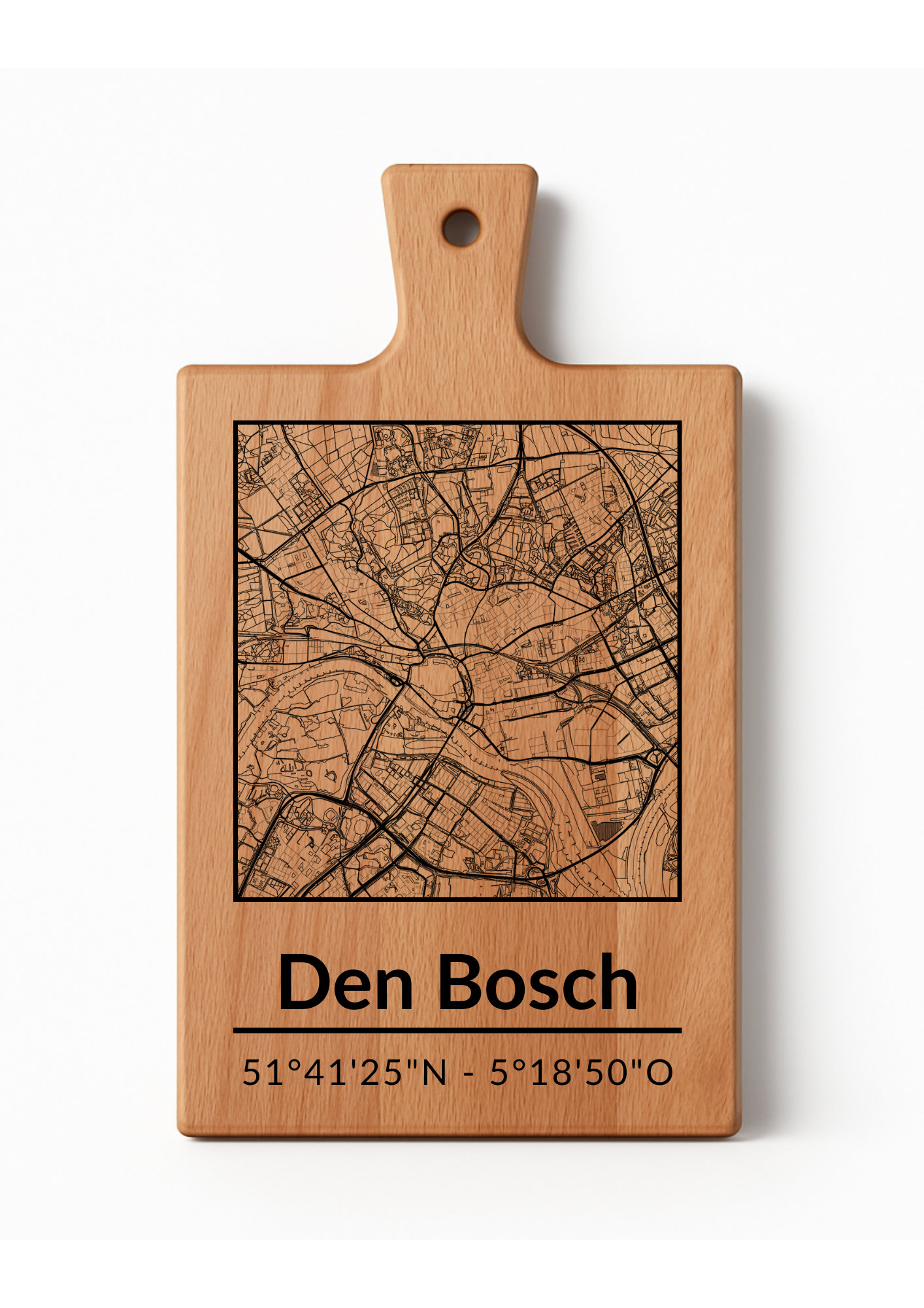 Borrelplank Den Bosch - Serveerplank van Beukenhout met Gravure Stadsplattegrond - Oakman Objects