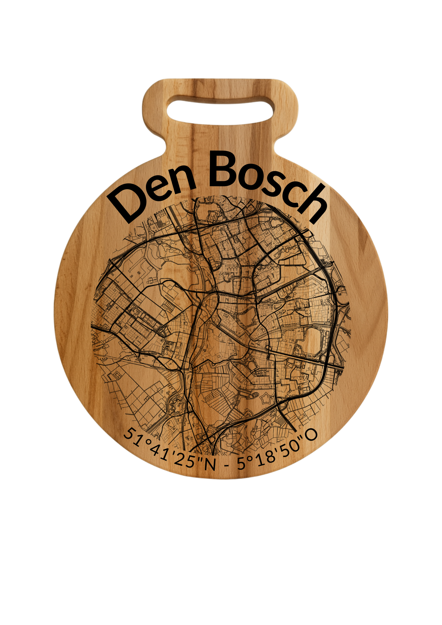 Snijplank Den Bosch Rond – Borrelplank van Beukenhout met Gravure Stadsplattegrond – Oakman Objects