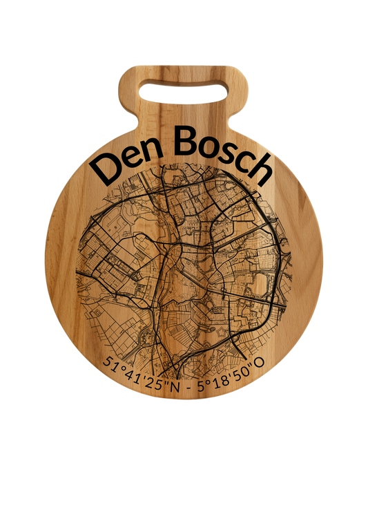 Snijplank Den Bosch Rond – Borrelplank van Beukenhout met Gravure Stadsplattegrond – Oakman Objects