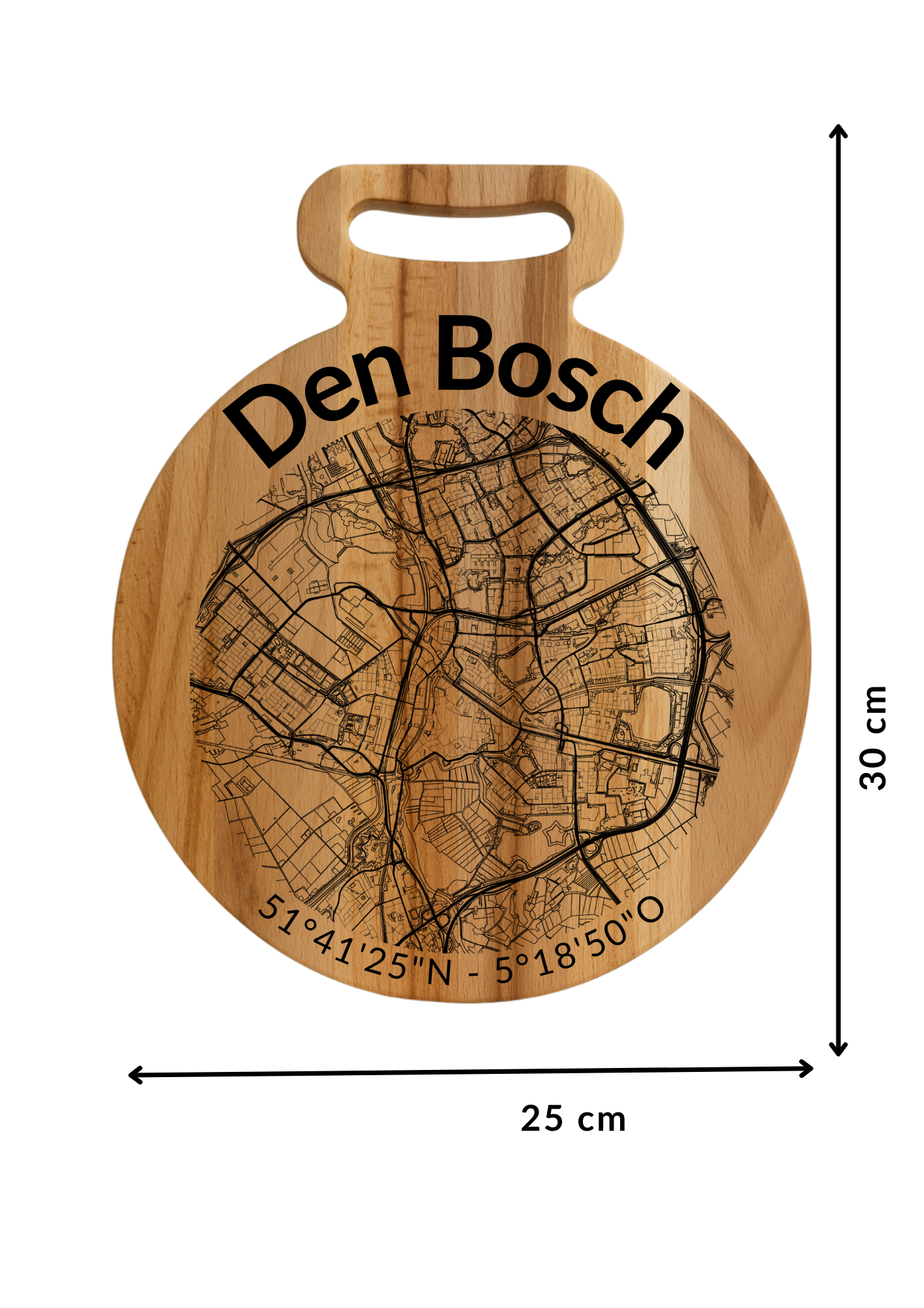 Snijplank Den Bosch Rond – Borrelplank van Beukenhout met Gravure Stadsplattegrond – Oakman Objects