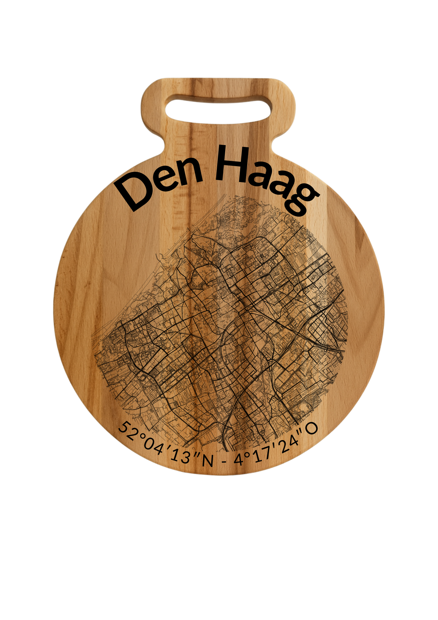 Snijplank Den Haag Rond – Borrelplank van Beukenhout met Gravure Stadsplattegrond – Oakman Objects