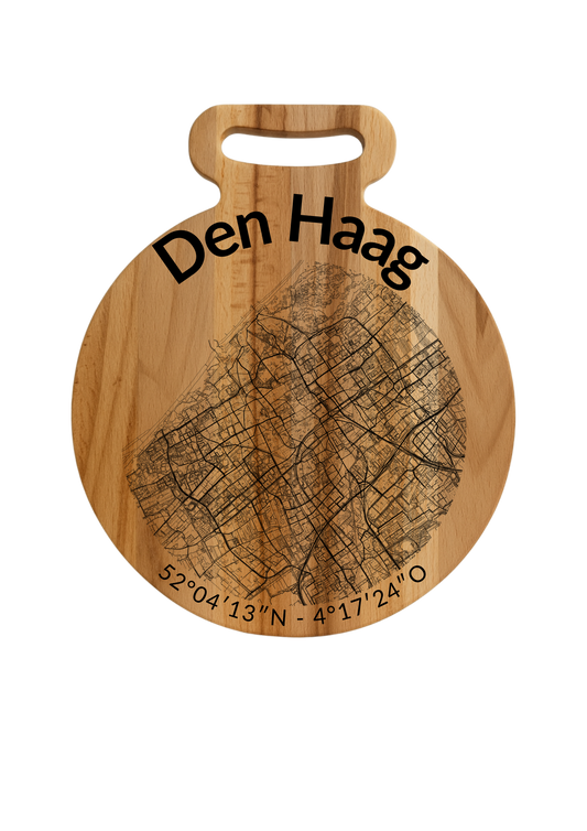 Snijplank Den Haag Rond – Borrelplank van Beukenhout met Gravure Stadsplattegrond – Oakman Objects