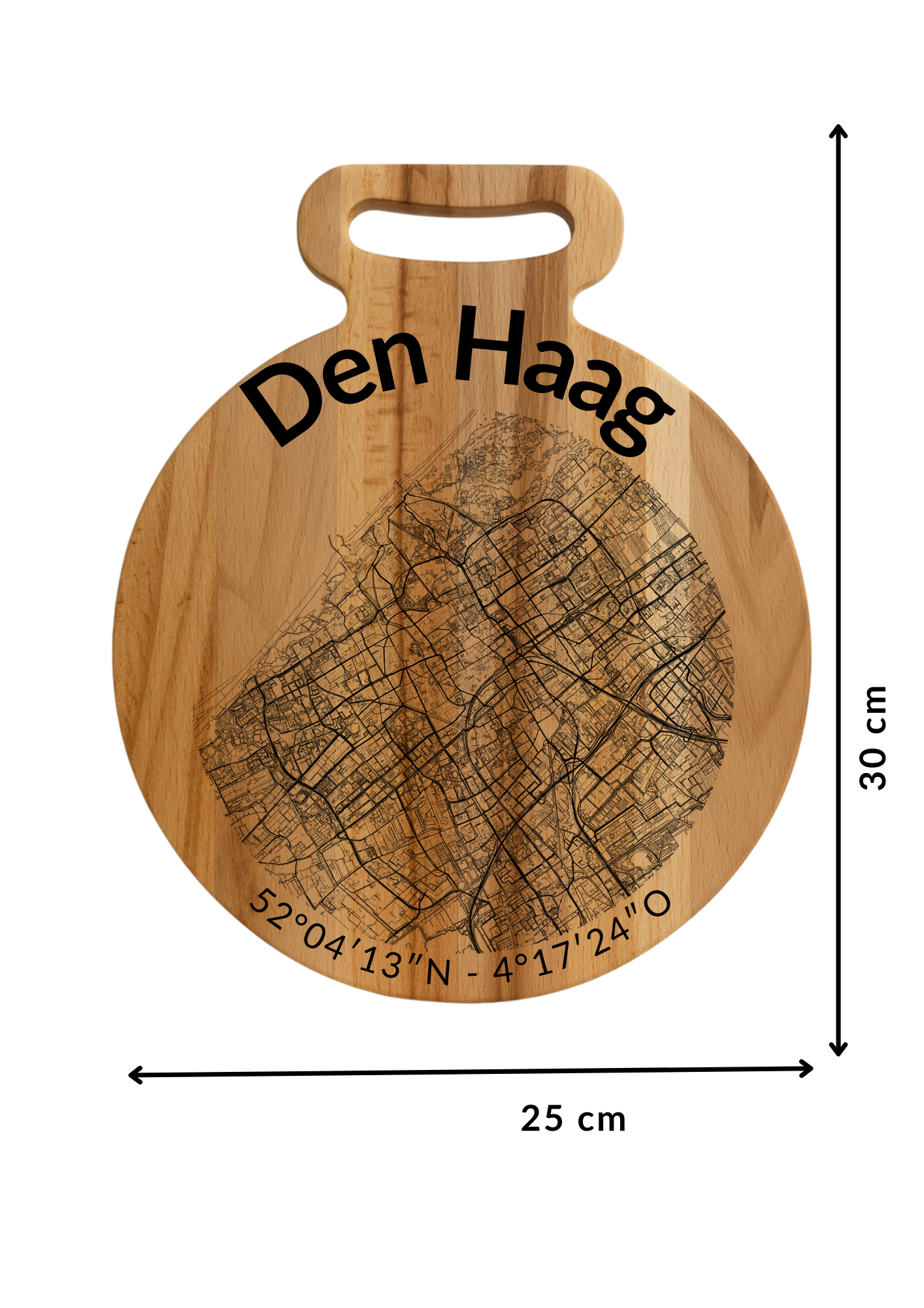 Snijplank Den Haag Rond – Borrelplank van Beukenhout met Gravure Stadsplattegrond – Oakman Objects