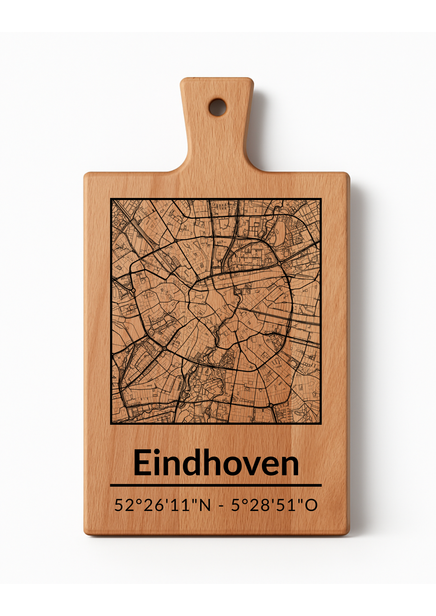 Borrelplank Eindhoven - Serveerplank  van Beukenhout met Gravure Stadsplattegrond - Oakman Objects
