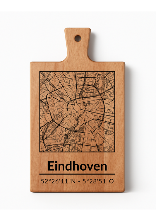 Snijplank Eindhoven – Borrelplank van Beukenhout met Gravure Stadsplattegrond – Oakman Objects