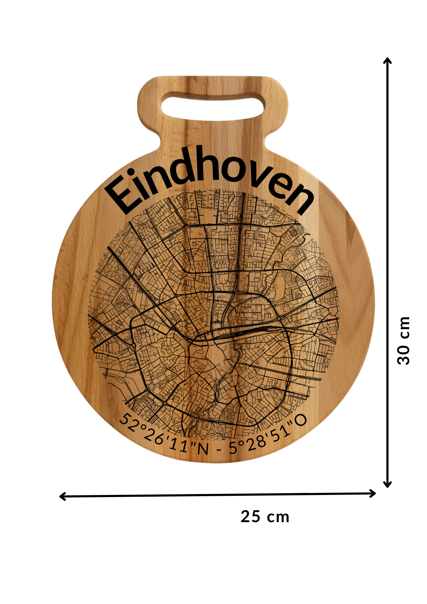 Snijplank Eindhoven Rond – Borrelplank van Beukenhout met Gravure Stadsplattegrond – Oakman Objects