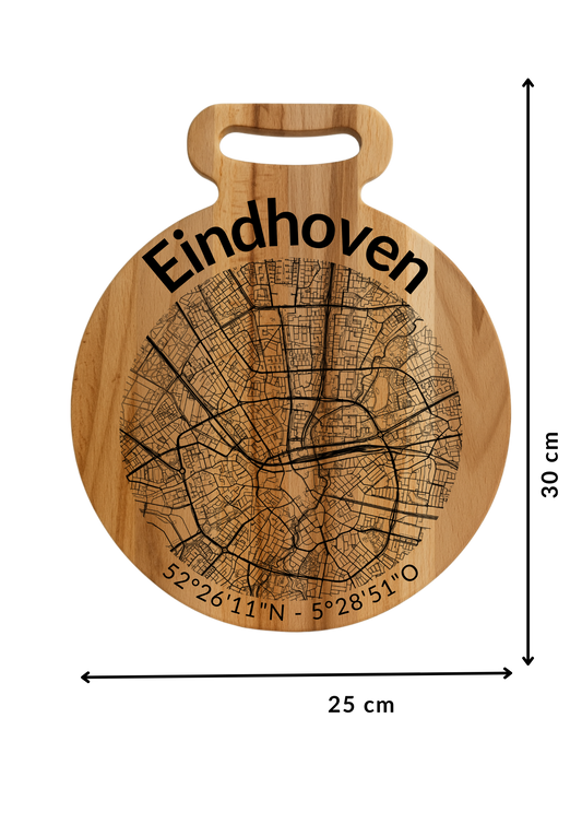 Snijplank Eindhoven Rond – Borrelplank van Beukenhout met Gravure Stadsplattegrond – Oakman Objects