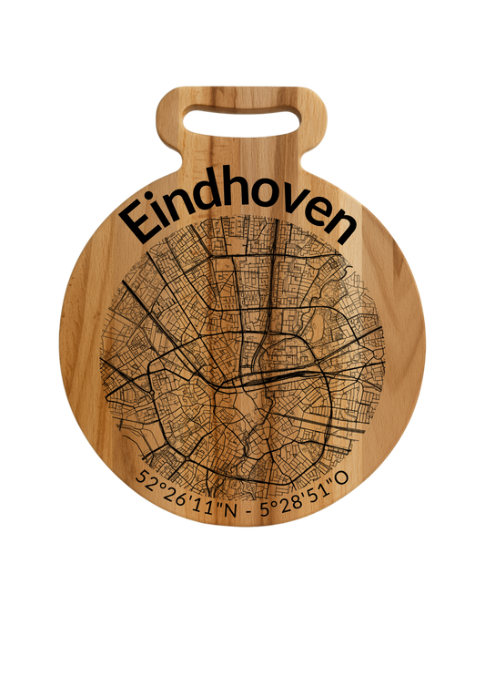 Snijplank Eindhoven Rond – Borrelplank van Beukenhout met Gravure Stadsplattegrond – Oakman Objects