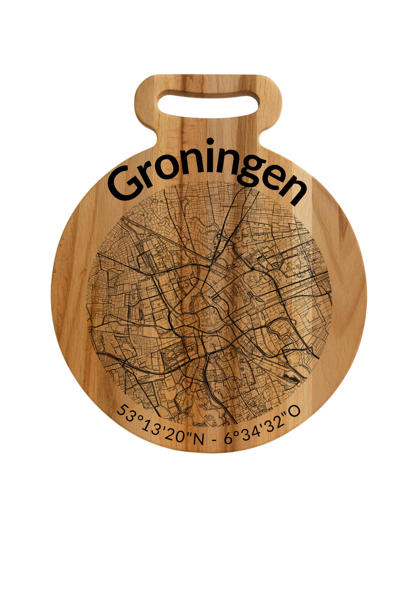 Snijplank Groningen Rond – Borrelplank van Beukenhout met Gravure Stadsplattegrond – Oakman Objects