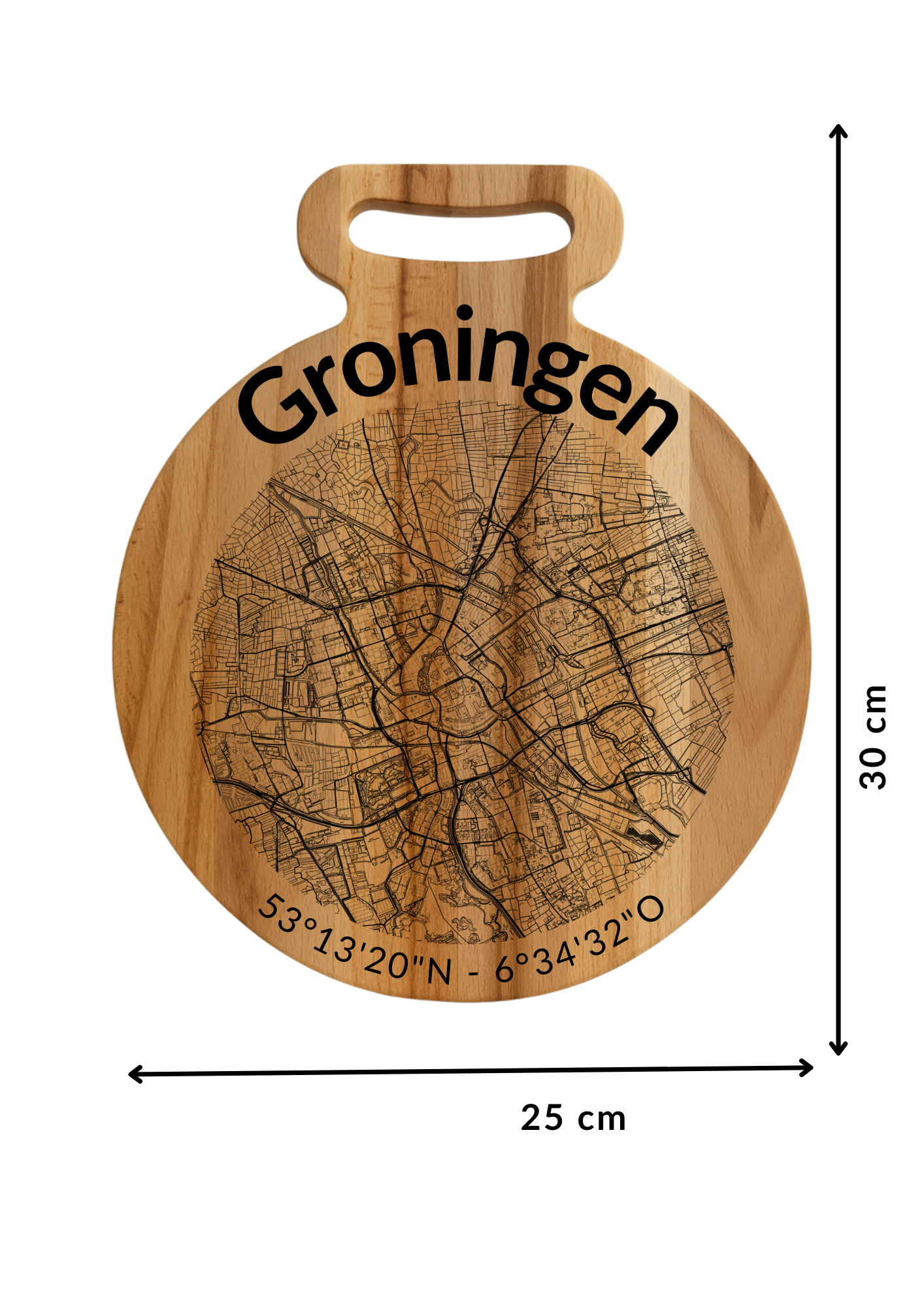 Snijplank Groningen Rond – Borrelplank van Beukenhout met Gravure Stadsplattegrond – Oakman Objects