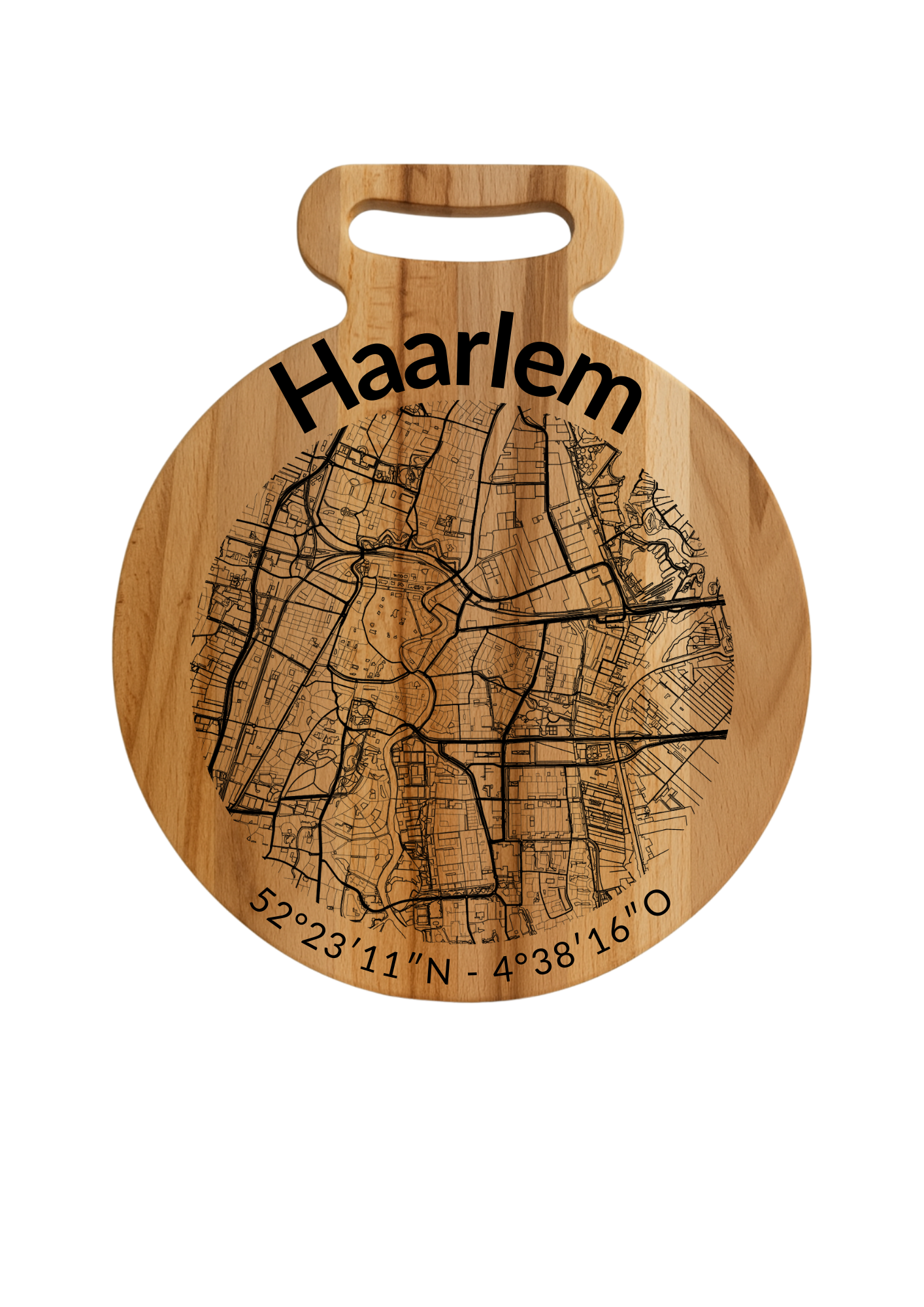 Snijplank Haarlem Rond – Borrelplank van Beukenhout met Gravure Stadsplattegrond – Oakman Objects