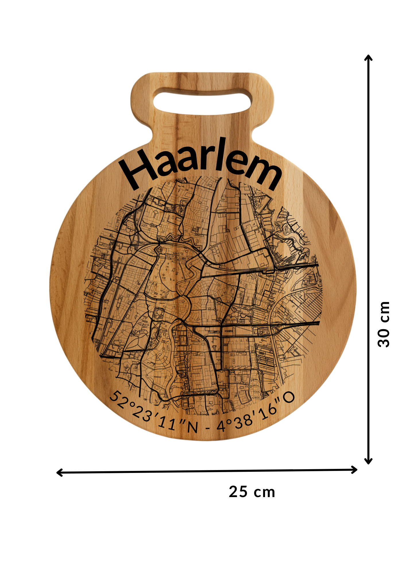 Snijplank Haarlem Rond – Borrelplank van Beukenhout met Gravure Stadsplattegrond – Oakman Objects