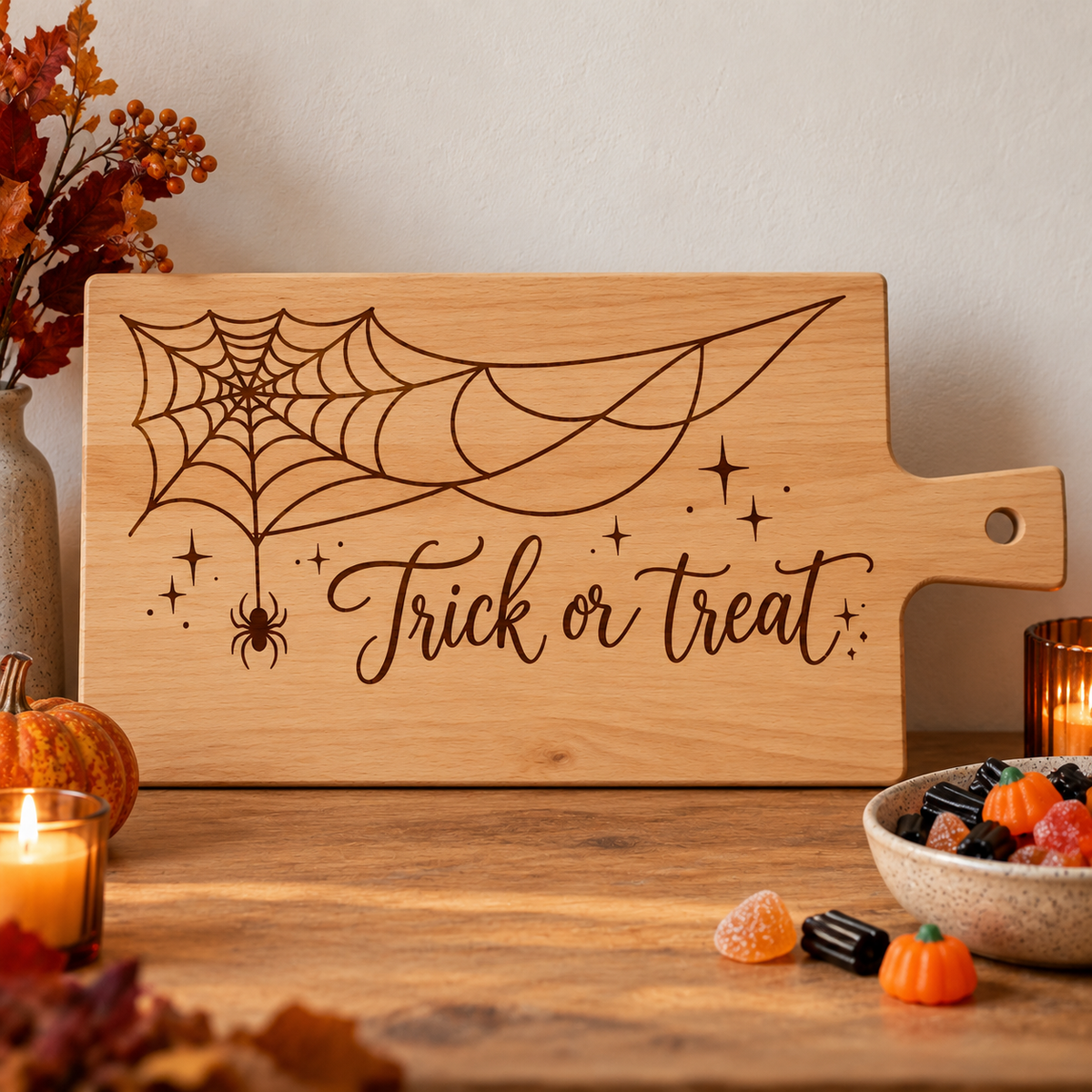 Borrelplank met spinnenweb gravure | Gegraveerd Halloweencadeau