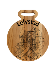 Ronde borrelplank Lelystad met stadsgravure - Gepersonaliseerd cadeau
