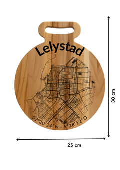 Ronde borrelplank Lelystad met stadsgravure - Gepersonaliseerd cadeau