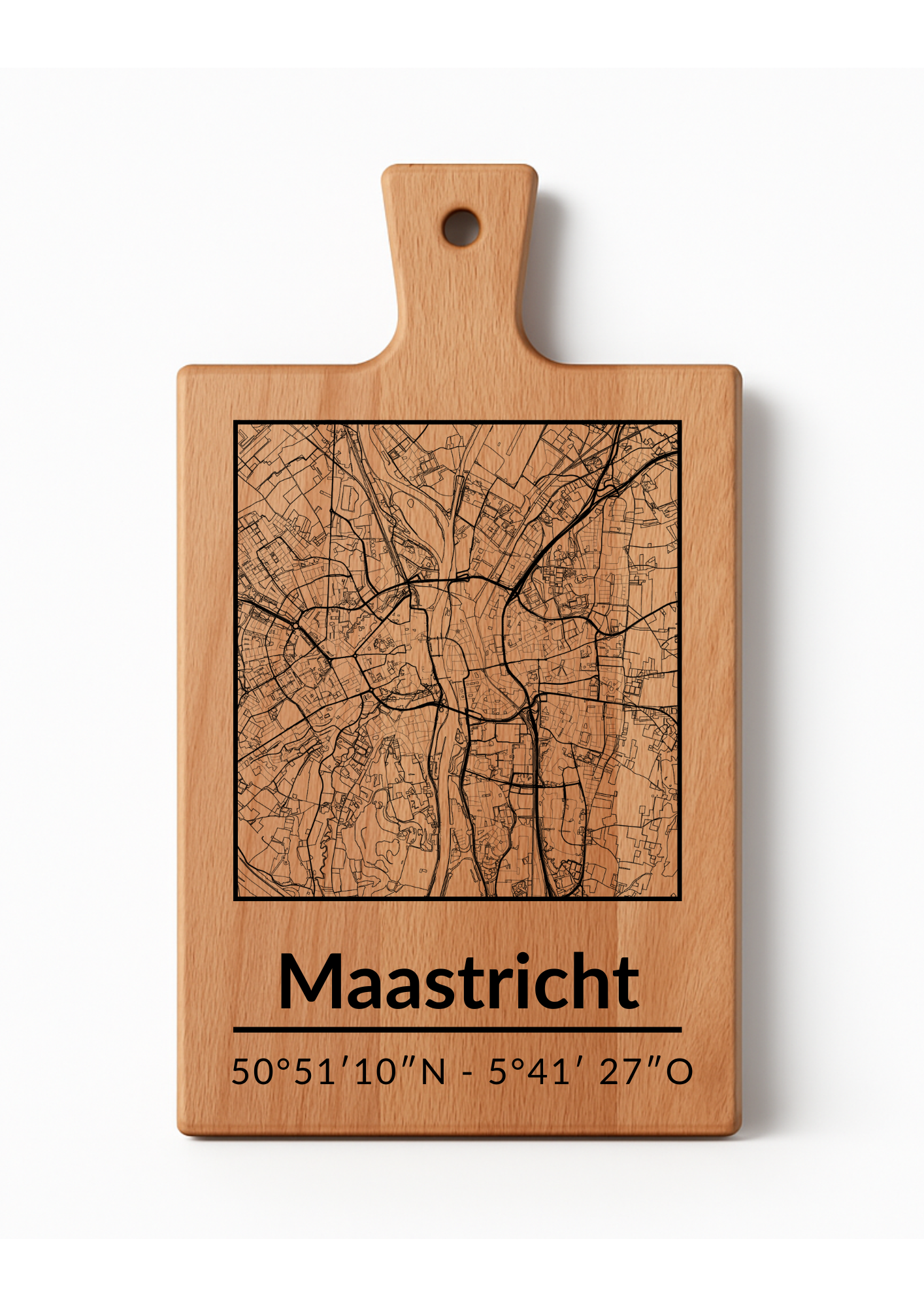Snijplank Maastricht – Borrelplank van Beukenhout met Gravure Stadsplattegrond – Oakman Objects