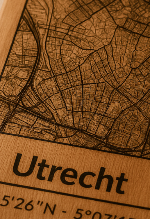 Snijplank Utrecht – Borrelplank van Beukenhout met Gravure Stadsplattegrond – Oakman Objects