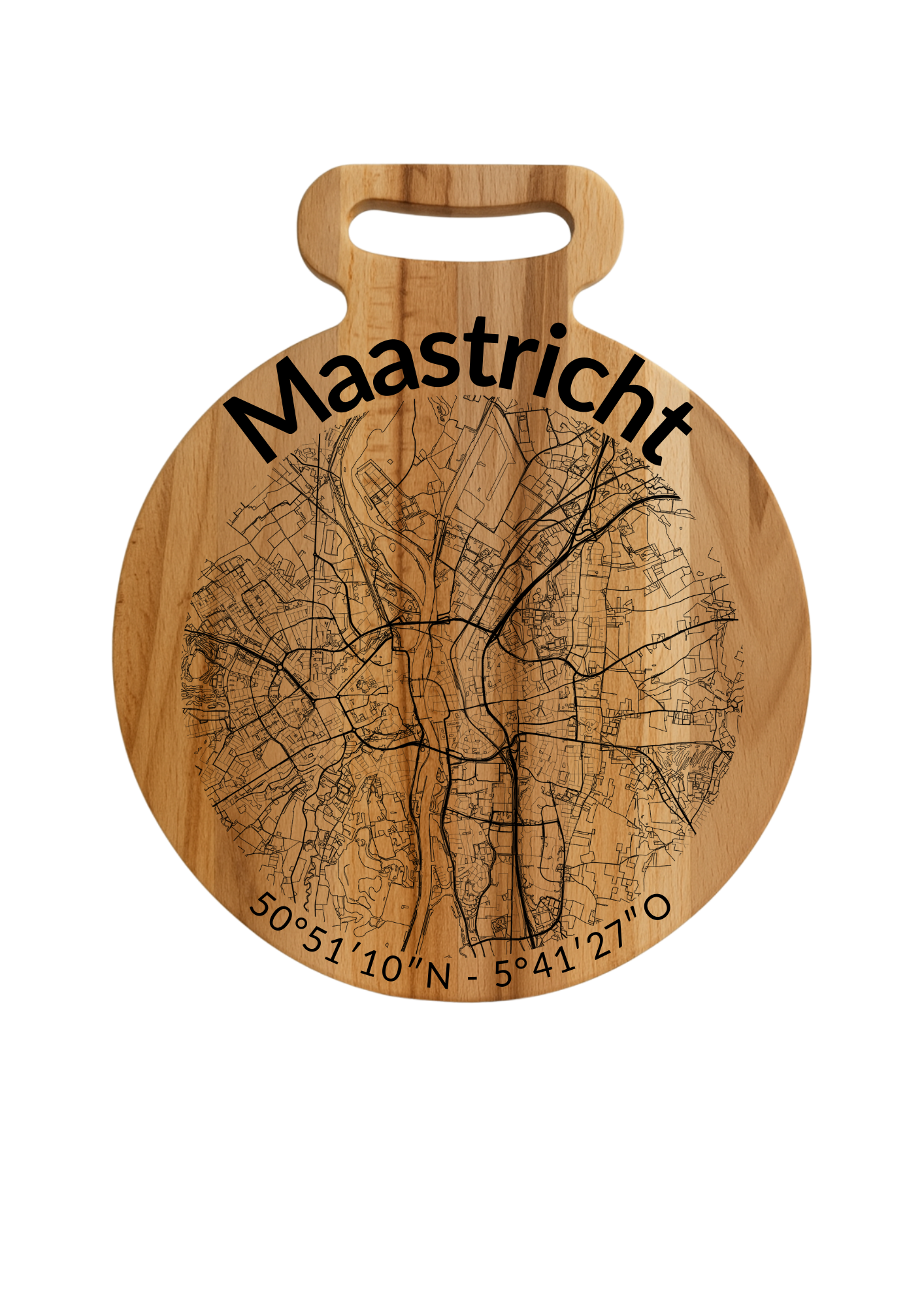 Snijplank Maastricht Rond – Borrelplank van Beukenhout met Gravure Stadsplattegrond – Oakman Objects