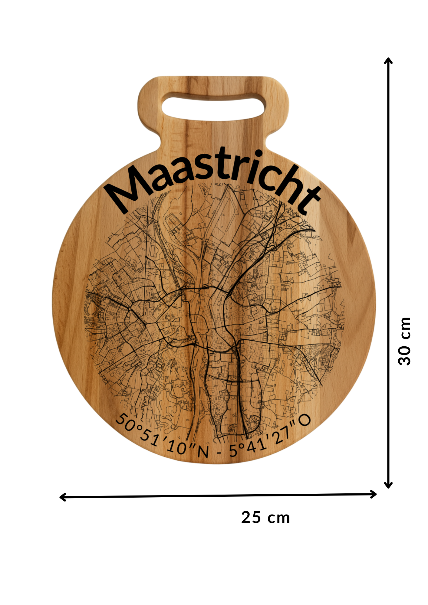 Snijplank Maastricht Rond – Borrelplank van Beukenhout met Gravure Stadsplattegrond – Oakman Objects