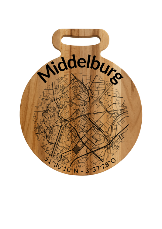 Snijplank Middelburg Rond – Borrelplank van Beukenhout met Gravure Stadsplattegrond – Oakman Objects