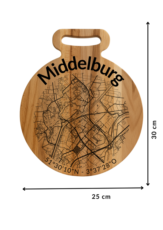 Snijplank Middelburg Rond – Borrelplank van Beukenhout met Gravure Stadsplattegrond – Oakman Objects