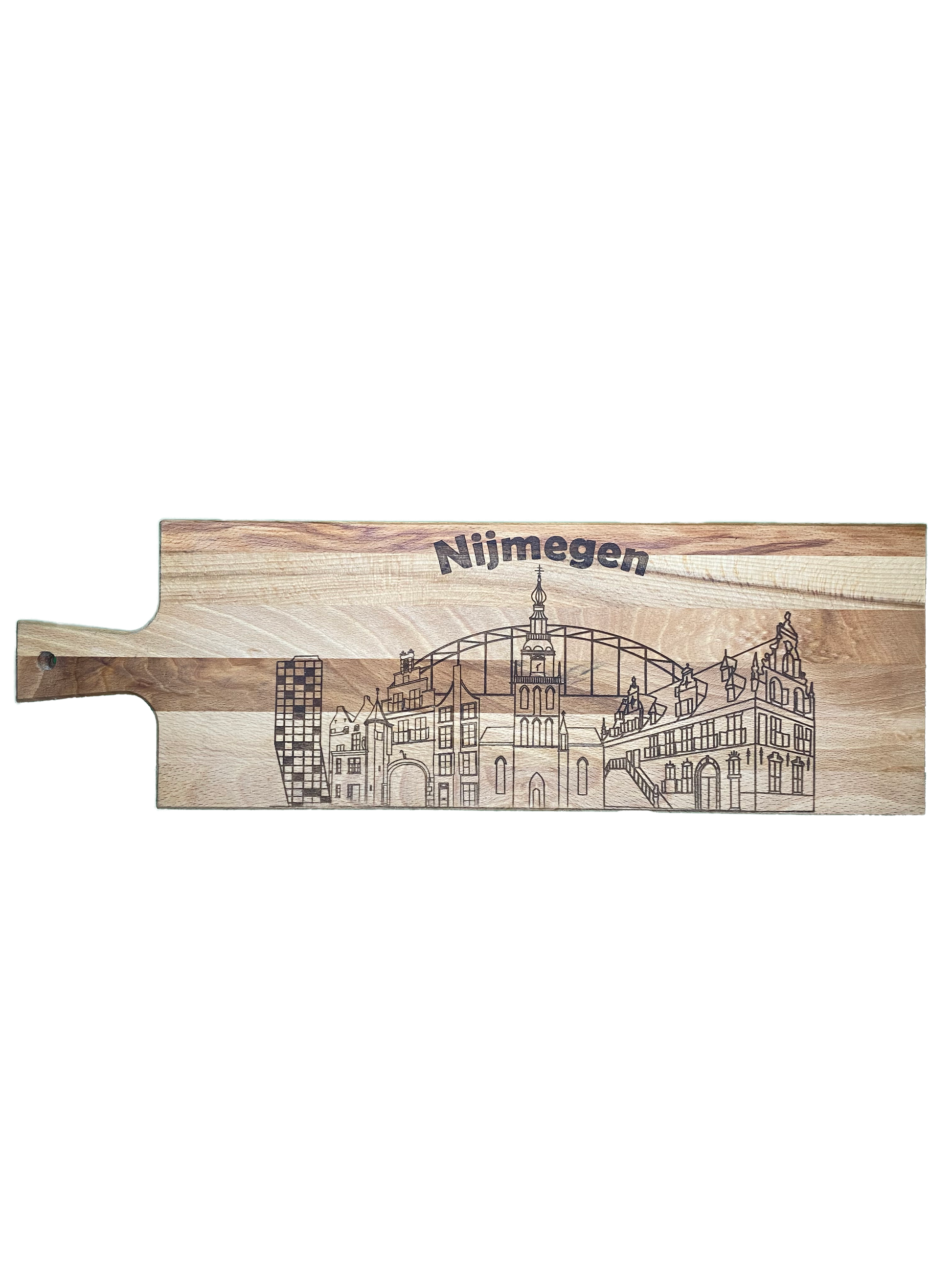 Borrelplank met skyline Nijmegen gegraveerd in hout
Houten borrelplank cadeau met skyline Nijmegen
Detailfoto gegraveerde skyline op houten plank
