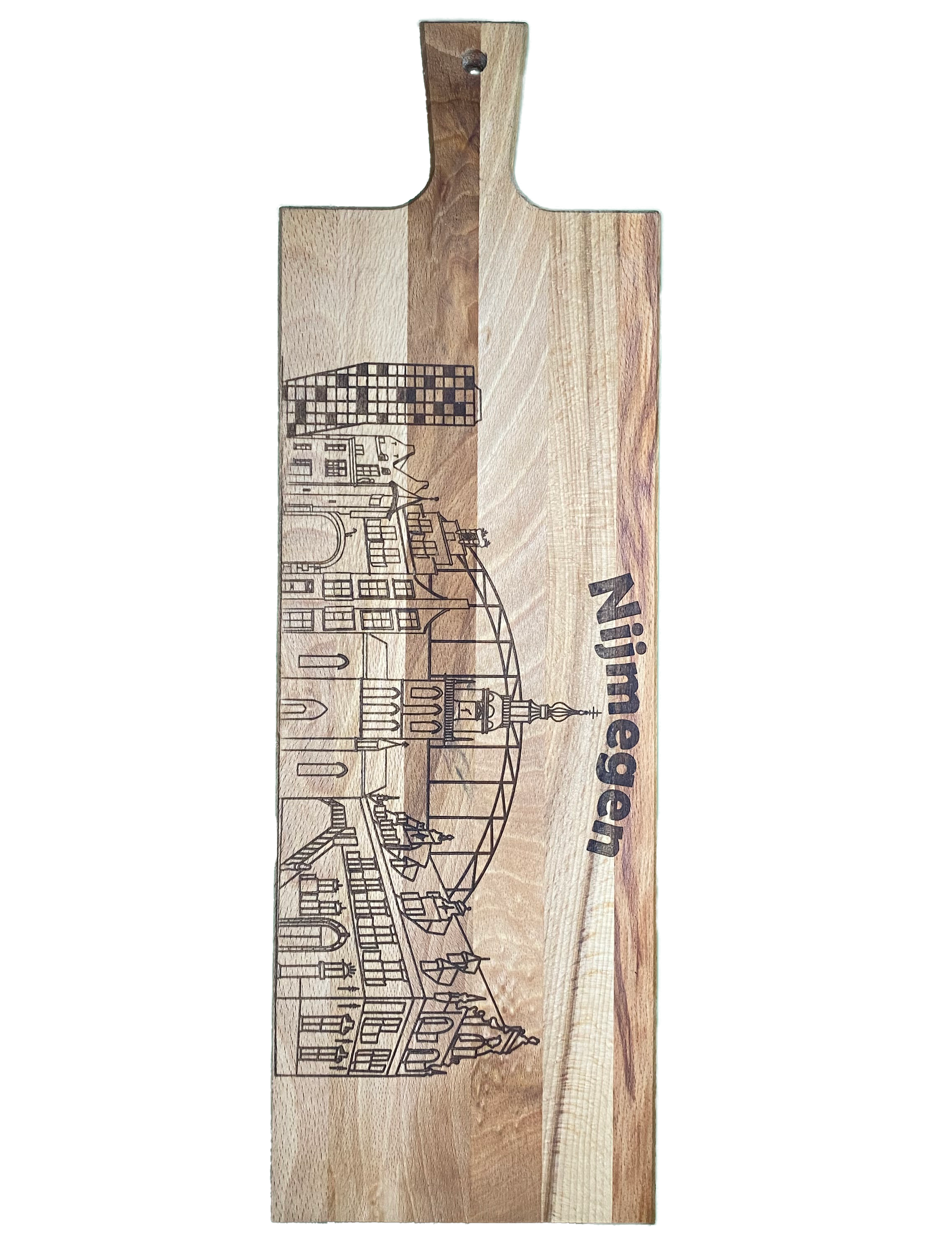 Borrelplank met skyline Nijmegen gegraveerd in hout
Houten borrelplank cadeau met skyline Nijmegen
Detailfoto gegraveerde skyline op houten plank
