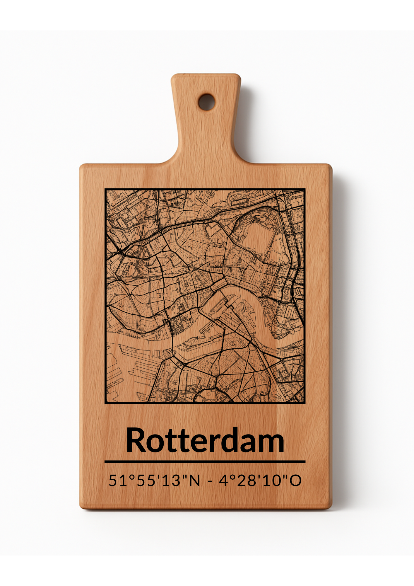 Snijplank Rotterdam – Borrelplank van Beukenhout met Gravure Stadsplattegrond – Oakman Objects