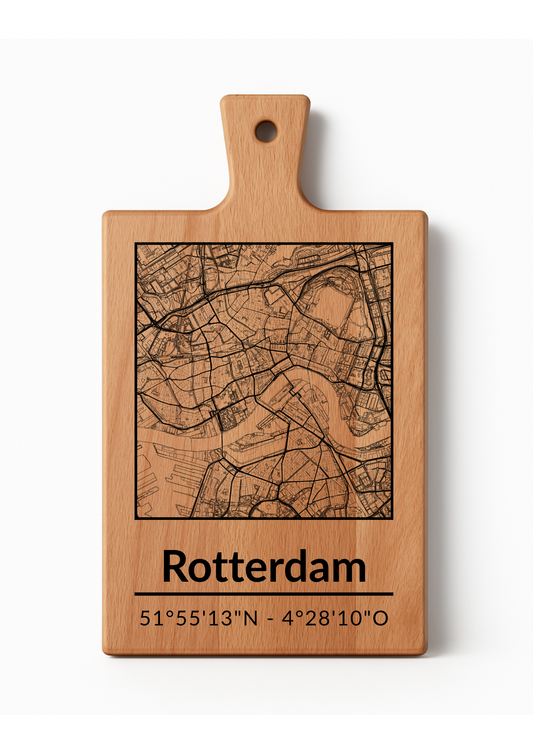 Snijplank Rotterdam – Borrelplank van Beukenhout met Gravure Stadsplattegrond – Oakman Objects