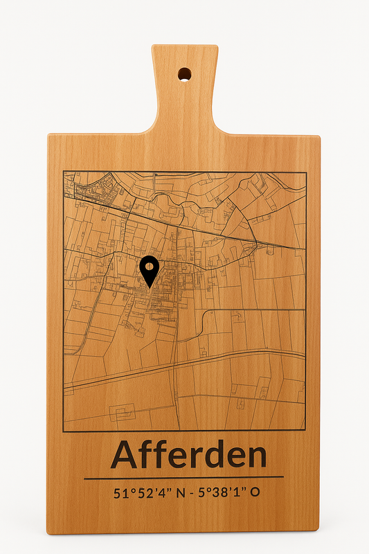 Borrelplank Rechthoek - Serveerplank van Beukenhout met Gravure Stadsplattegrond inclusief pin - Oakman Objects