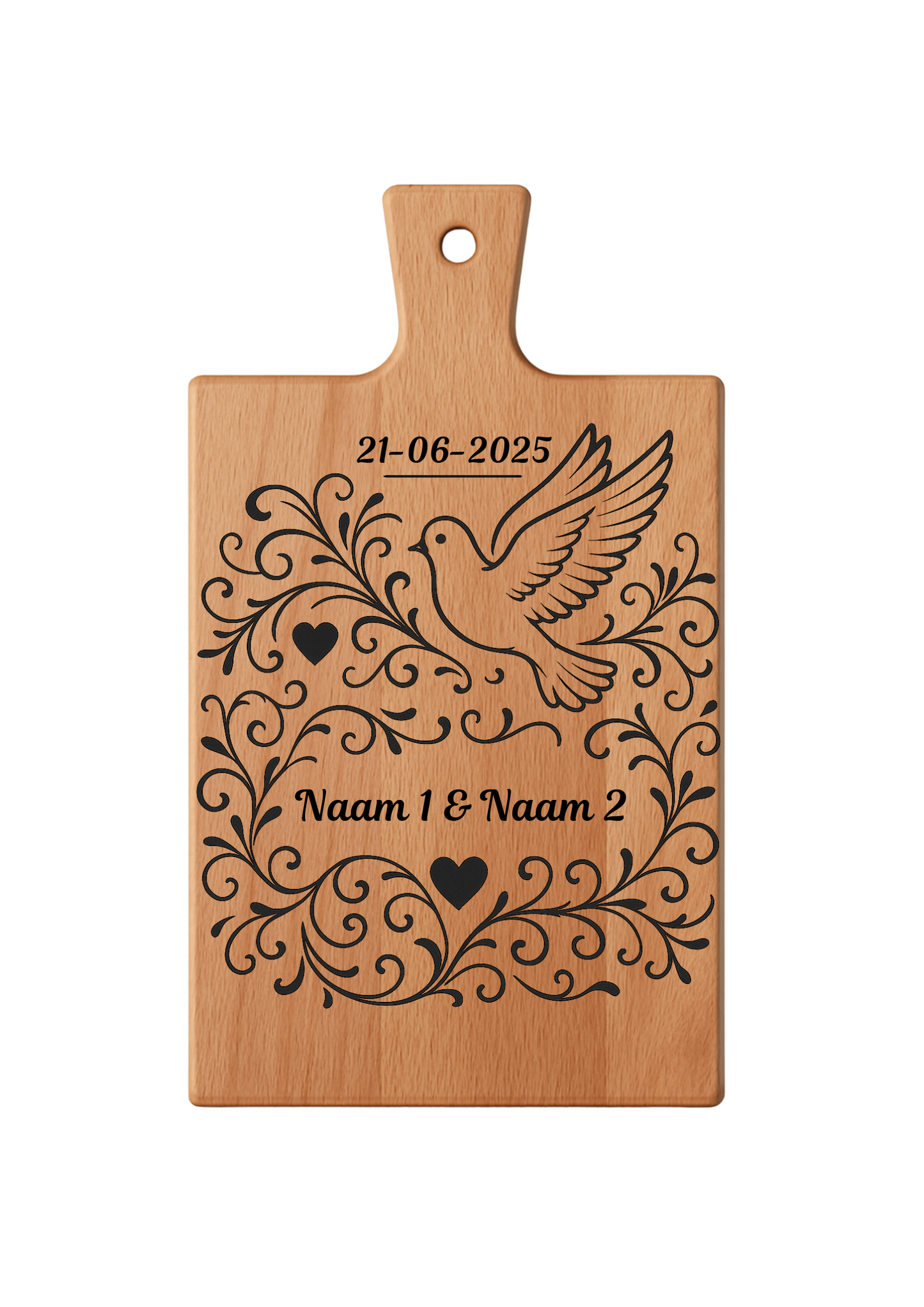 Gepersonaliseerde borrelplank met duif en hart gravure - uniek cadeau met namen en datum