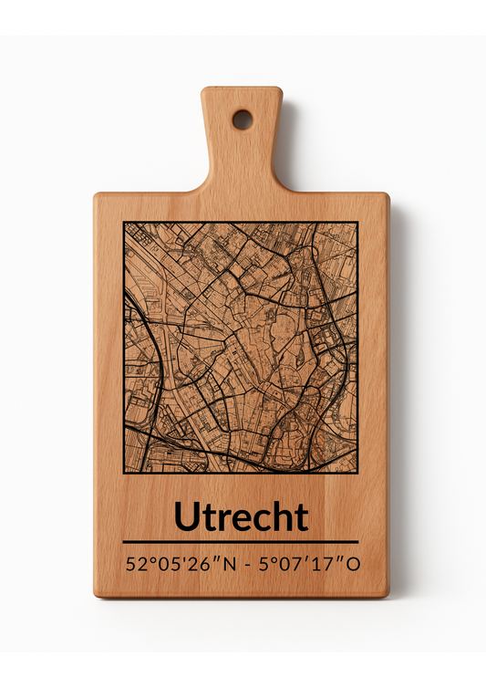 Snijplank Utrecht – Borrelplank van Beukenhout met Gravure Stadsplattegrond – Oakman Objects