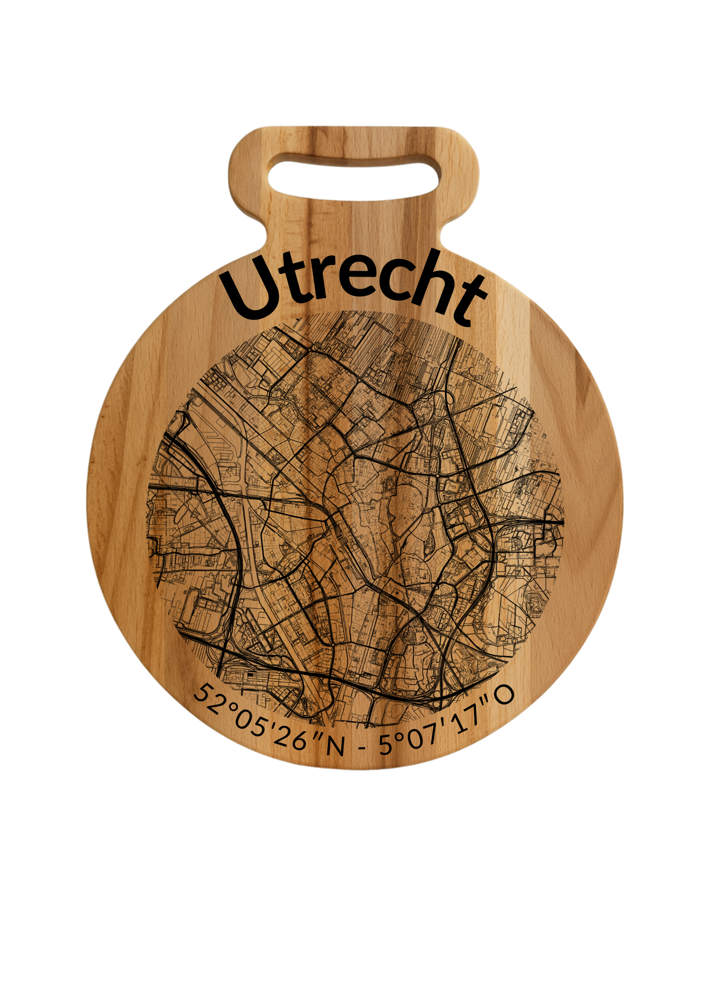 Snijplank Utrecht Rond – Borrelplank van Beukenhout met Gravure Stadsplattegrond – Oakman Objects