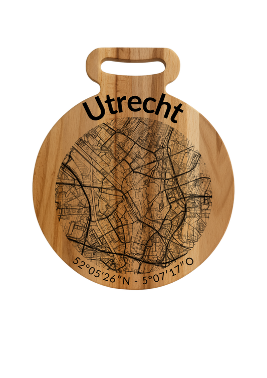 Snijplank Utrecht Rond – Borrelplank van Beukenhout met Gravure Stadsplattegrond – Oakman Objects